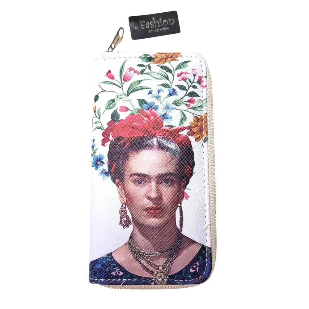 Frida Kahlo Zip Around Wallet 7.5 x 4 inches Portrait Floral on White NEW NWT